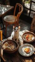 A cat sitting on a table with plates of food photo