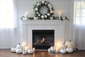 A fireplace with white pumpkins and candles photo