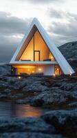 A house with a triangular roof on top of a rocky island photo