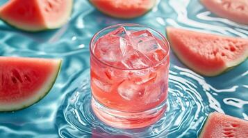 Watermelon cocktail with ice and watermelon slices on blue water photo