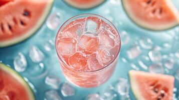 Watermelon watermelon watermelon drink with ice cubes on blue background photo