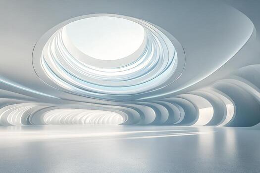 A white room with curved walls and a circular window photo