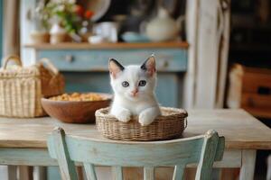 A white kitten sitting in a basket on a table photo