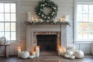 A fireplace with candles and pumpkins on it photo