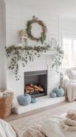 A white fireplace with a wreath on it and a basket of pumpkins photo