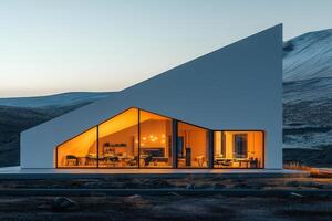 A modern house with a triangular shape in the mountains photo