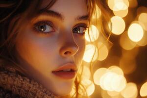 A woman with blue eyes and a scarf is looking at the camera photo