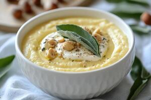 Cauliflower soup with cashew cream and sage photo