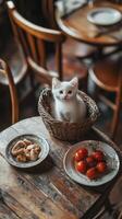 A white cat sitting in a basket photo