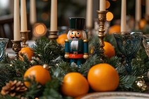 A table with a nutcracker figurine and oranges photo