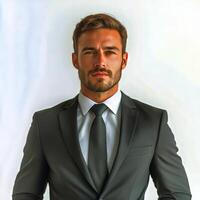 A man in a suit and tie standing in front of a white background photo