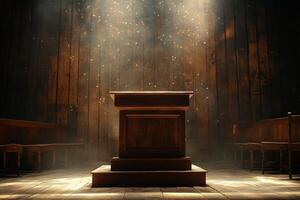 A church with a wooden pulpit and a spotlight photo