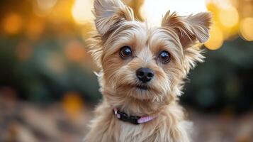 A small dog with a collar on is looking at the camera photo