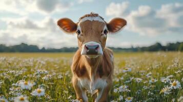 A cow standing in a field of flowers photo