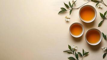 Three bowls of tea with leaves and flowers on a wooden table photo