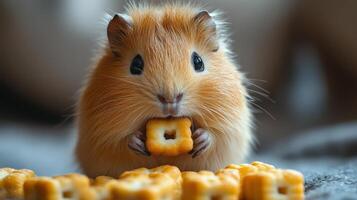 A hamster eating some cheese crackers photo