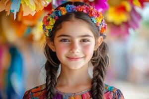 A young girl with braids and colorful flowers in her hair photo
