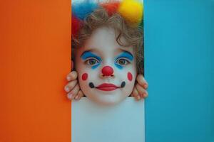 A child with clown makeup peeking out from behind a blue and orange striped wall photo