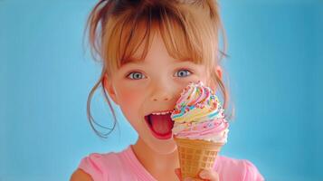 A young girl holding an ice cream cone with sprinkles photo