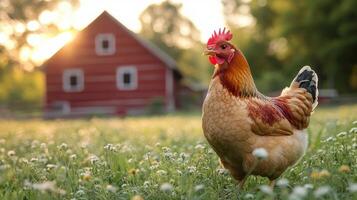 A chicken is standing in a field with flowers photo