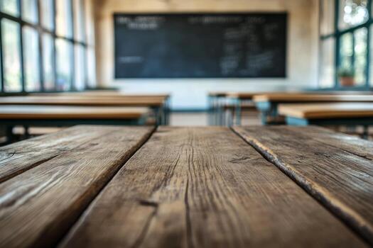 An empty classroom with wooden tables and chairs photo