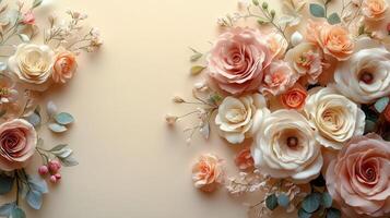 Floral background with pink and peach roses on beige background photo