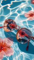 A pair of sunglasses with flowers in the water photo