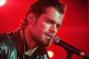 A man in leather jacket singing into a microphone photo