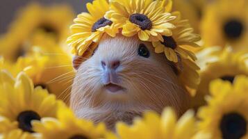 Guinea pig in sunflower crown photo