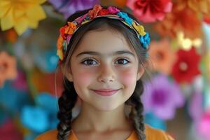 A young girl with braids and a colorful headband photo