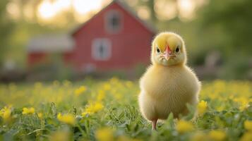 A small yellow duck standing in a field of yellow flowers photo