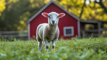 A sheep stands in front of a red barn photo