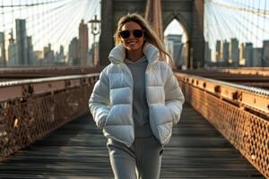 A woman in a white puffer jacket walking across the brooklyn bridge photo