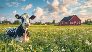 A cow laying in a field with a red barn in the background photo