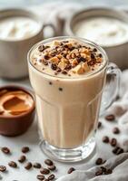 Peanut butter coffee iced coffee with peanut butter and chocolate chips photo