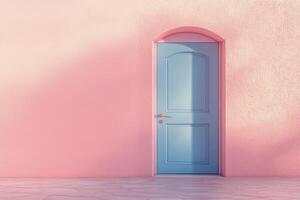 A blue door is open in front of a pink wall photo