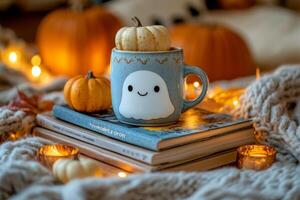 A cup with a ghost face on it sits on top of books and candles photo