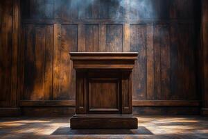 A wooden podium in a room with smoke coming out of it photo
