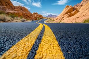 A road with yellow lines in the middle of it photo