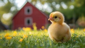 A baby chicken is standing in the grass photo