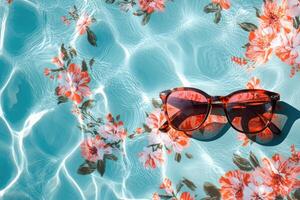 A pair of sunglasses and flowers in a pool photo