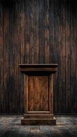 Empty wooden podium in front of a wooden wall photo