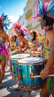 A group of people in colorful costumes playing drums photo