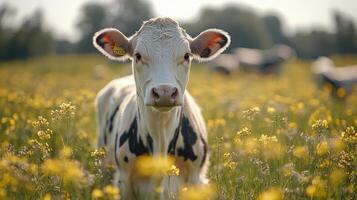 A cow in a field of yellow flowers photo