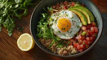 Quinoa, avocado, tomato, egg, arugula, lemon, spinach, quinoa photo
