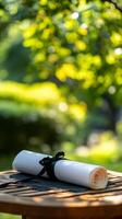 A scroll of paper on a wooden table in the garden photo