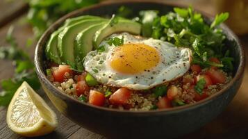 A bowl of food with an egg, avocado and tomatoes photo