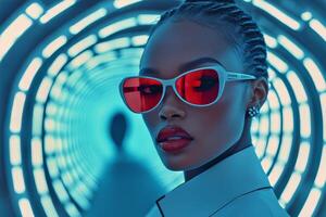 A woman wearing red sunglasses in a tunnel photo