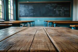 A wooden table in front of a chalkboard photo