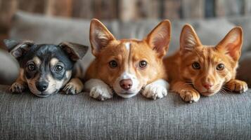 Three dogs and a cat sitting on a couch photo